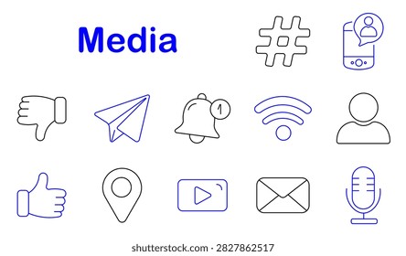 Media set icon. Hashtag, smartphone chat, notification bell, wireless signal, microphone, envelope, location marker, video player, approval reaction, social communication, digital interface