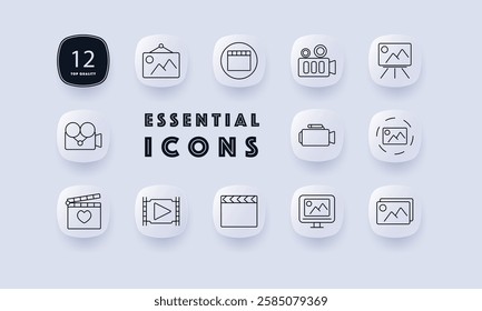 Media set icon. Movie camera, image, video player, clapperboard, projector, frame, digital media, online content, filmmaking, photography, streaming, content creation, motion picture, entertainment