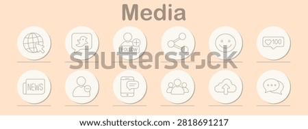 Media set icon. Online globe, ghost message, follower profile, network sharing, smiling emoji, reaction counter, newspaper headline, smartphone dialogue, cloud upload collection.