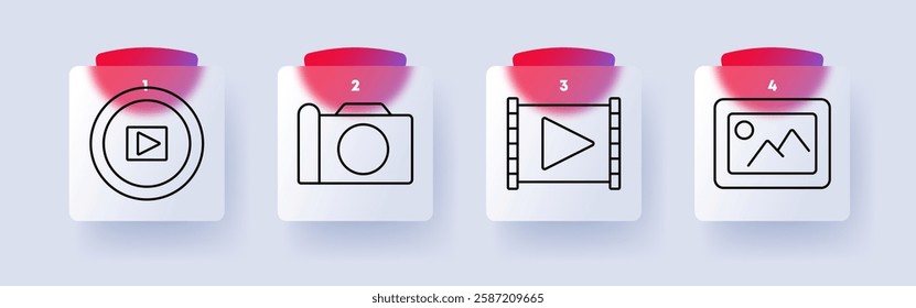 Media set icon. Play button, camera, film strip, image, multimedia, content creation, video, photography, digital media, entertainment, production, visuals, technology, creativity, online.