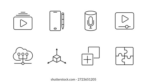 Icono de conjunto de medios. Juega Botón Video, teléfono inteligente, control de voz, nube, estructura, más, rompecabezas.