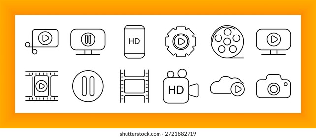 Icono de conjunto de medios. Reproducir, pausar, monitor, HD Video, película, carrete, nube, cámara, pantalla, cinta, grabación, entretenimiento, cine, transmisión, contenido, interfaz
