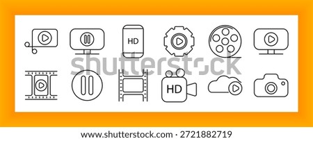 Media set icon. Play, pause, monitor, HD, film, reel, cloud, camera, screen, tape, record, entertainment, video, cinema, streaming, content, interface