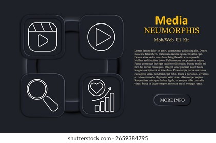 Icono de conjunto de medios. Botón de los carretes, símbolo del juego, lupa, corazón con las barras de la analítica exhibidas en los Botones cuadrados oscuros neumórficos con el diseño blanco de la línea mínima