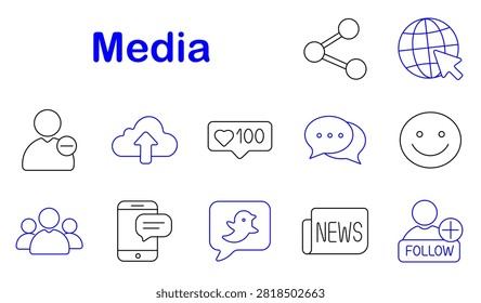 Media set icon. Sharing network, global connection, cloud upload, follower profile, messaging bubble, news publication, smartphone conversation, social interaction, online community