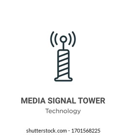 Icono vectorial de contorno de torre de señal de medios. Icono de torre de señal de medios negros en línea delgada, ilustración de elemento simple vectorial plano del concepto de tecnología editable trazo aislado en fondo blanco