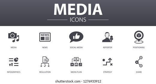 media simple concept icons set. Contains such icons as news, reporter, Infographics, media plan and more, can be used for web, logo, UI/UX