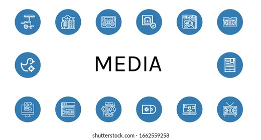 conjunto de iconos sencillos de medios. Contiene iconos como Hot dog, Smart city, Radio, Connected, News, Vhs, Release, Article, Mobile app, Cds, Video call, que se pueden utilizar para web, móvil y logotipo