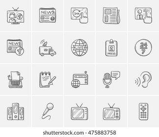 Media sketch icon set for web, mobile and infographics. Hand drawn media icon set. Media vector icon set. Media icon set isolated on white background.