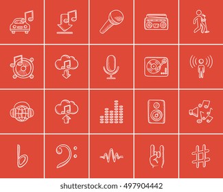Media sketch icon set for web, mobile and infographics. Hand drawn media icon set. Media vector icon set. Media icon set isolated on red background.