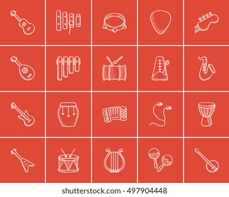 Media sketch icon set for web, mobile and infographics. Hand drawn media icon set. Media vector icon set. Media icon set isolated on red background.