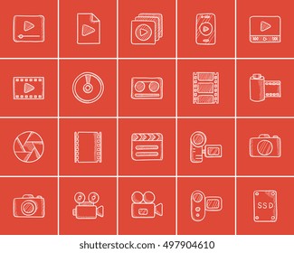 Media sketch icon set for web, mobile and infographics. Hand drawn media icon set. Media vector icon set. Media icon set isolated on red background.