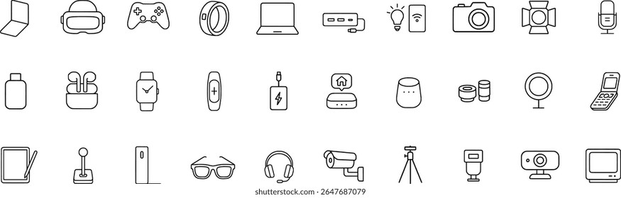 Conjunto de Ícones de Traço de Tecnologia Inteligente e Mídia. Incluindo fones de ouvido, câmeras, equipamentos de jogos, equipamentos para vestir e muito mais. Coleção De Vetores De Estrutura De Tópicos Editável.