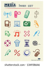 Media and social network web icons set drawn by color pencils. Hand drawn vector elements pack isolated on paper