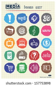 Media and social network web icons set drawn by chalk. Hand drawn vector elements pack isolated on paper