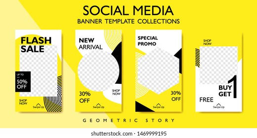 Media social stories banner layout for promotion sale. Mobile digital flyer poster template for story with geometric shapes. Web app banner frame vector set for product publication and special offer