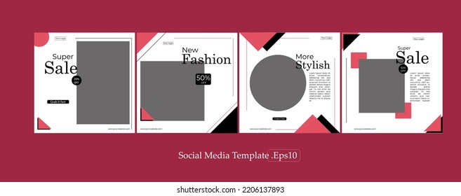 Media Social Template. Red, black and white color, with shape and circle for image. Instagram, facebook post your advertesing. 