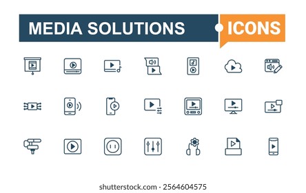 Media Solutions lined icons set. Contains related to film, technology, icon, vector, camera, Audio, Video, thin. Outline symbol collection. Editable vector outline and solid icons.