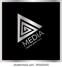 Media Spiral Play Logo. Abstract Audio Video logotype. Luxury and royal metal silver