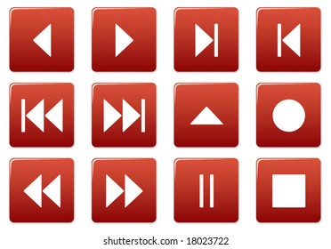 Media square icons set. Red - white palette. Vector illustration.