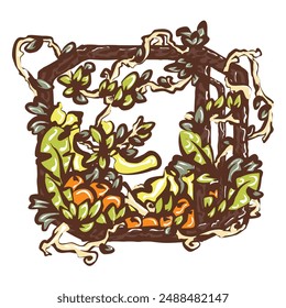 A media stop icon and button which is formed by a partially transparent shape, with a botanical and tropical element design.