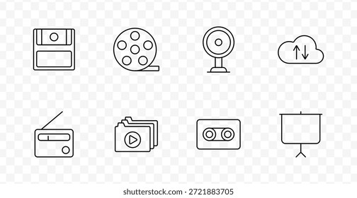 Ícone do conjunto de reprodução e armazenamento de mídia. Disco, filme, rádio, cassete, webcam, nuvem, pastas e visuais de tela mostram elementos de gravação, transmissão, salvamento de arquivos e arquivamento