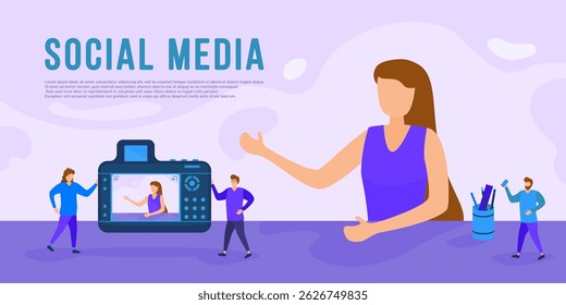 Media strategy with social network icon and digital marketing illustration showing audience growth chart and analytics data for online campaign success with follower engagement and instagram stories


