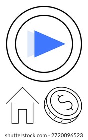 Transmisión de medios, financiamiento del hogar, transacciones digitales, tecnología, negocios en el hogar, planificación financiera. Botón azul del juego, iconos perfilados del vector de la moneda del hogar y del dólar. Transmisión de medios y financiamiento del hogar