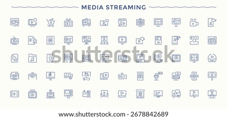 Media Streaming line icon set. Vector outline icons collection. Broadcast icon set. Contains such symbols as on line, broadcasting, stream, media, play and more.
