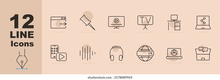 Media and streaming set icon. Browser arrow, pin, video player, TV, desk, connection diagram, audio play, sound wave, headset, internet globe, laptop, chat box. Digital streaming and media tools