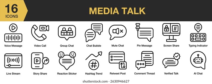 Conjunto de ícones do Media Talk. Inclui bate-papo, falar, falar, diálogo, bolha, comentário e Mais. Contornar coleção de vetores de ícones.