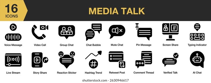 Conjunto de ícones sólidos do Media Talk. Inclui bate-papo, falar, falar, diálogo, bolha, comentário e Mais. Coleção vetorial de ícones sólidos.