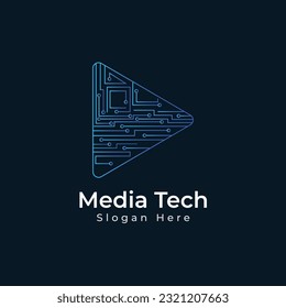 Plantilla vectorial de diseño de logotipo de tecnología multimedia con botón de reproducción de tecnología o símbolo de icono de vídeo.