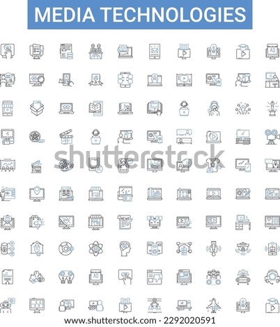 Media technologies outline icons collection. Multimedia, Broadcasting, Streaming, Video, Audio, Graphics, Webcast vector illustration set. Internet, 3D, Animation line signs