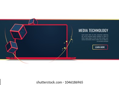 Media technology and advertising concept. Red vector Laptop with media content.Conceptual vector vertical banner.3d realistic style