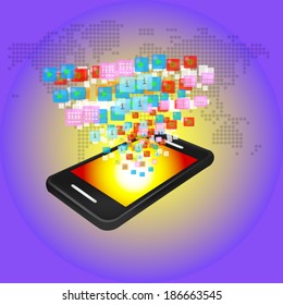 Media technology illustration with mobile phone and icons