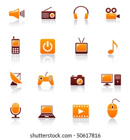 Media And Telecom Web Icons. Vector Set Of Sound, Radio, Headset, Video, Cinema, Cell Phone, Power Button, Tv, Music, Antenna, Game Pad, Camera, Computer, Mic, Laptop, Mouse Symbols
