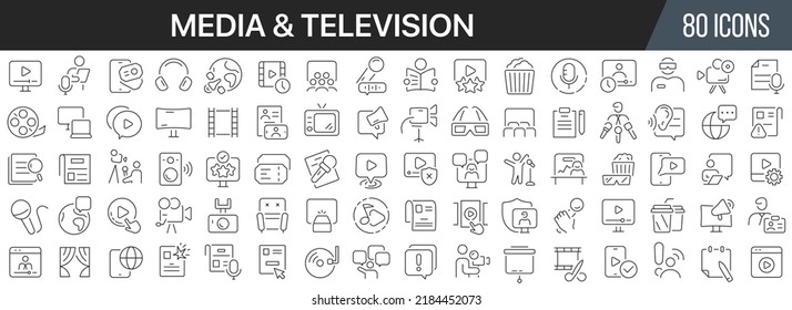 Colección de iconos de línea de medios y televisión. Un gran icono de interfaz de usuario en un diseño plano. Paquete de iconos de contorno delgado. Ilustración del vector EPS10