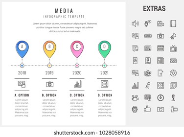 Infografik-Vorlage, Elemente und Symbole der Medienzeiteline. Infograph beinhaltet Optionen mit Jahren, Line Icon Set mit globalen sozialen Medien, Benutzerprofil, TV-Sendung, Musiktitel, Mikrofon, Kamera etc.