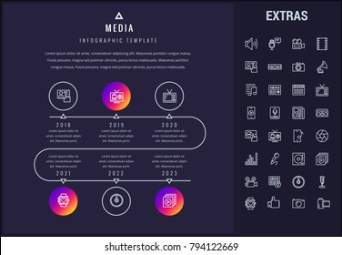 Media timeline infographic template, elements and icons. Infograph includes years, line icon set with global social media, user profile, tv broadcast, music note, microphone, record, video camera etc.