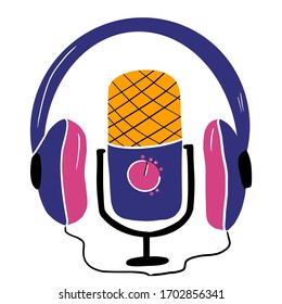 Media tool, mic and headphone doodle icon. Sound recording device, media equipment hand drawn vector illustration. Microphone, broadcasting facilities color drawing isolated, podcast