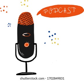 Media tool, mic and speech bubble doodle icon. Sound recording device, media equipment hand drawn vector illustration. Microphone, broadcasting facilities color drawing isolated, podcast