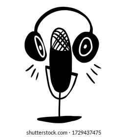 Herramienta de medios, ícono de garabato de micrófono y burbuja de voz. Dispositivo de grabación de sonido, ilustración vectorial de mano del equipo de medios. Micrófono, instalaciones de transmisión. Aislado. Podcast. Olas de radio, diseño de logotipo.
