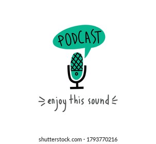 Media tool, mic and speech bubble doodle icon. Sound recording device, media equipment hand drawn vector illustration. Microphone, simple playful naive style.