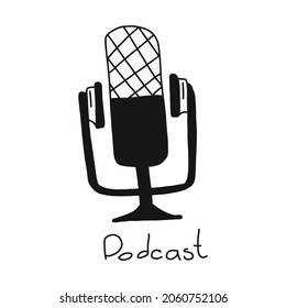Media tool, mic and speech bubble doodle icon. Sound recording device, media equipment hand drawn vector illustration. Microphone, broadcasting facilities. Isolated. Podcast. Radio waves, logo design.