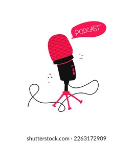 Media tool, mic and speech bubble doodle icon. Sound recording device, media equipment hand drawn isolated vector illustration. Microphone, broadcasting facilities. Podcast. 