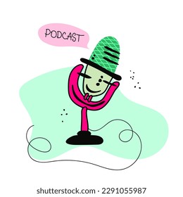 Media tool, mic and speech bubble doodle icon. Sound recording device, media equipment hand drawn isolated vector illustration. Microphone, broadcasting facilities. Podcast. 