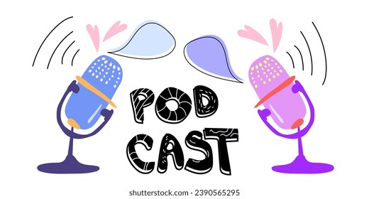 Media tool, mics and speech bubble doodle icon. Sound recording device, media equipment hand drawn isolated vector illustration. Microphone, broadcasting facilities. Podcast. Radio waves