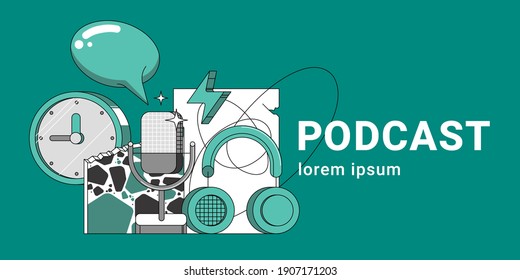 Media tools, earphones and mic doodle icon. Sound recording equipment, broadcasting facilities. Podcast studio items, microphone and headphones isolated color drawing
