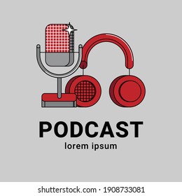 Herramientas de medios, audífonos e ícono de garabato de micrófono. Equipo de grabación de sonido, instalaciones de radiodifusión. Artículos de estudio de podcast, micrófono y auriculares dibujo de color aislado